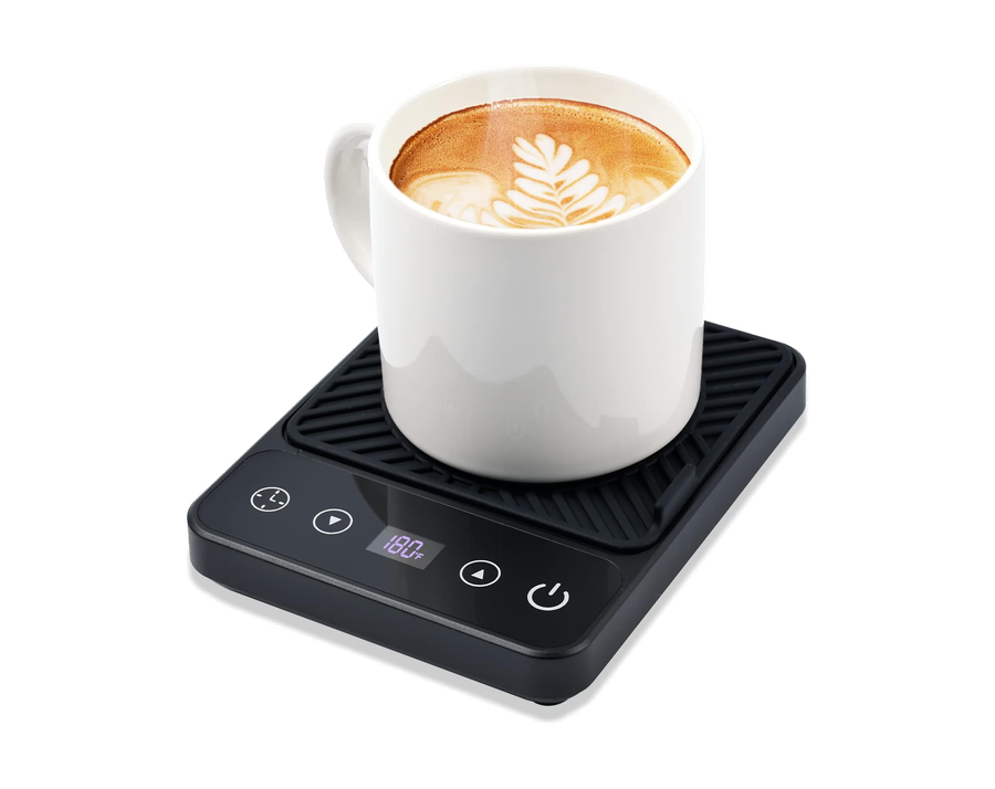 A cup standing on a black electric warming plate covered in touch buttons and a lit display.