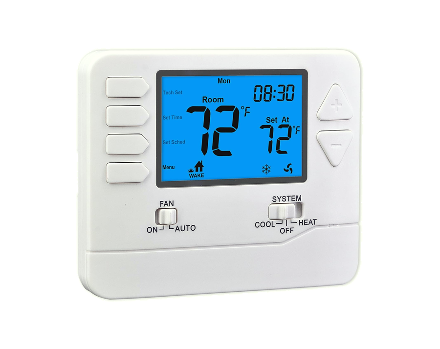 A white wall thermostat with a blue screen, four buttons down one side and two labelled switches under it.
